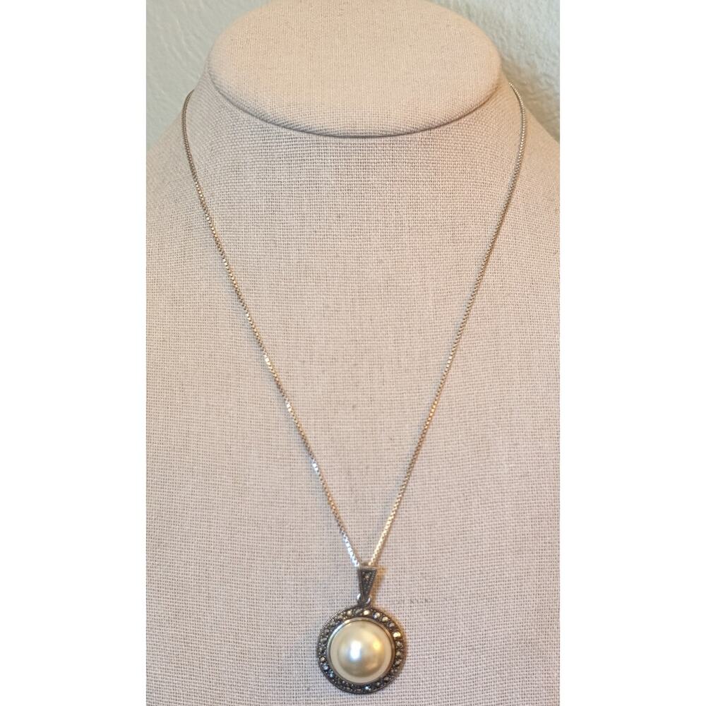 Vintage 925 FAS Marcasite Large Faux Mabe Pearl Pendant 18" Necklace